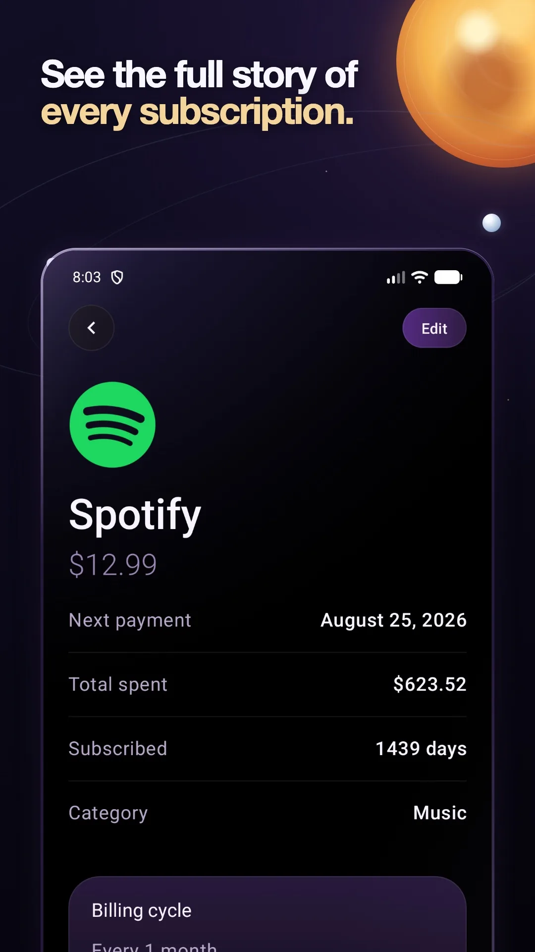 Arcora subscription detail view