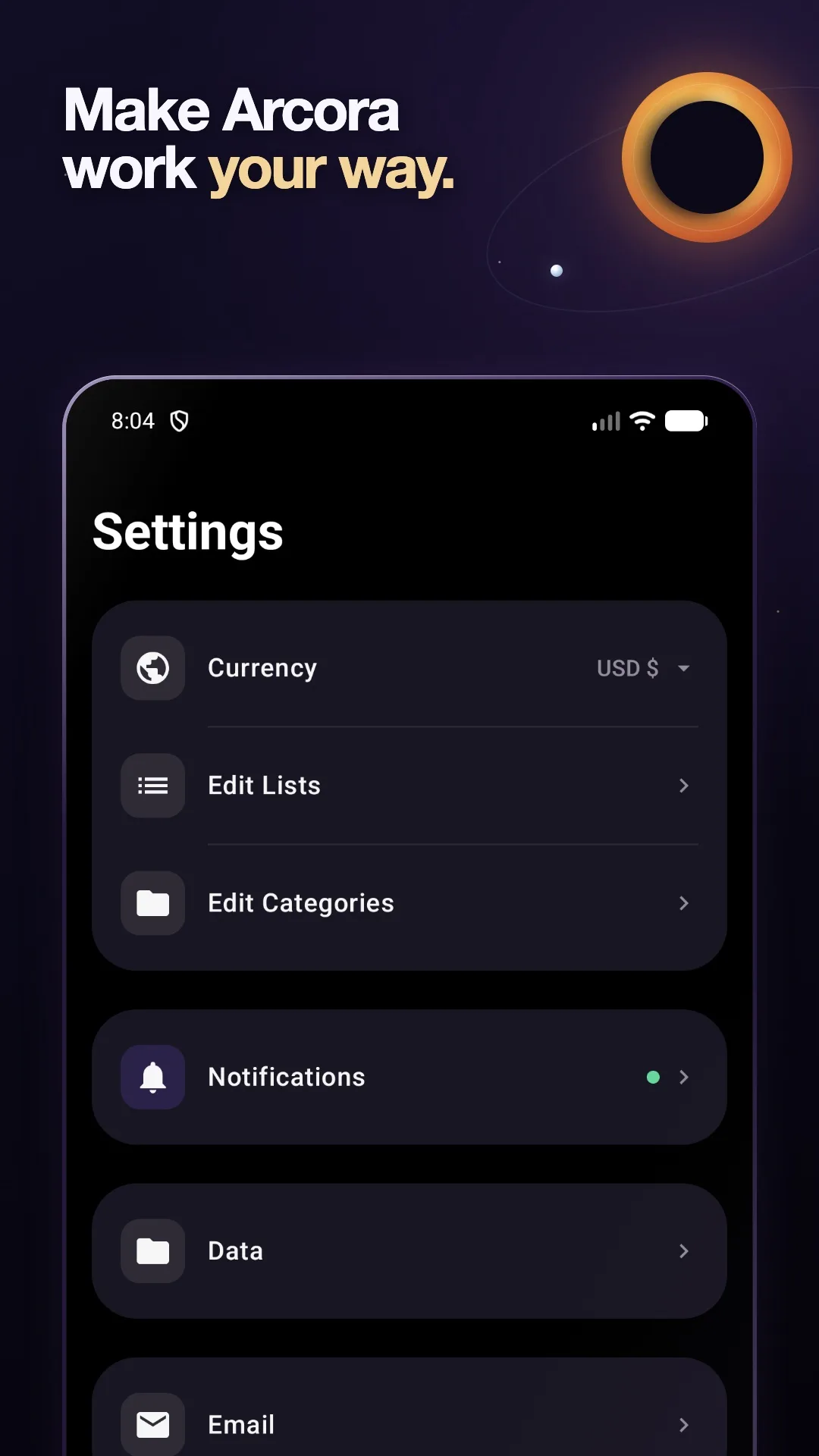 Arcora settings screen