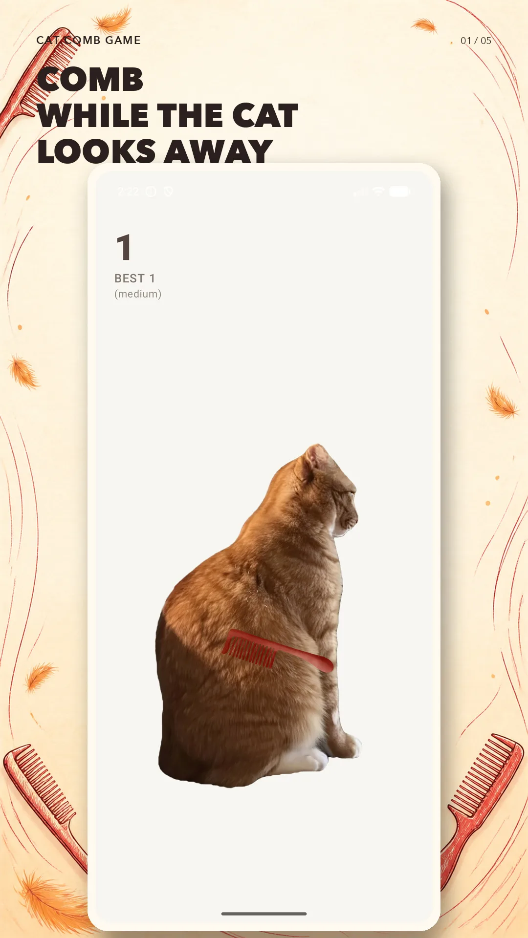 Cat Comb Game gameplay screen while the cat is facing away