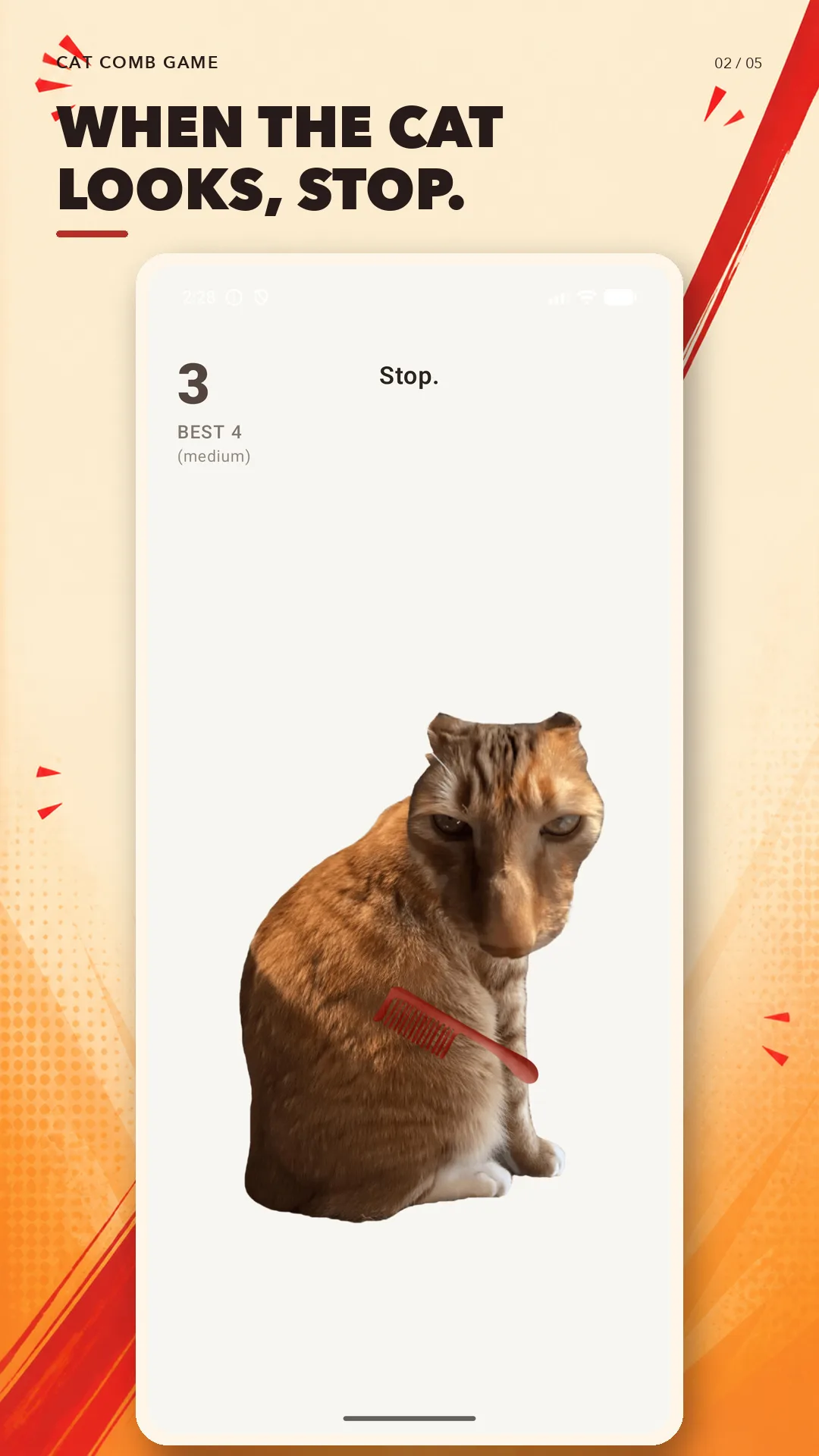 Cat Comb Game warning screen when the cat looks back