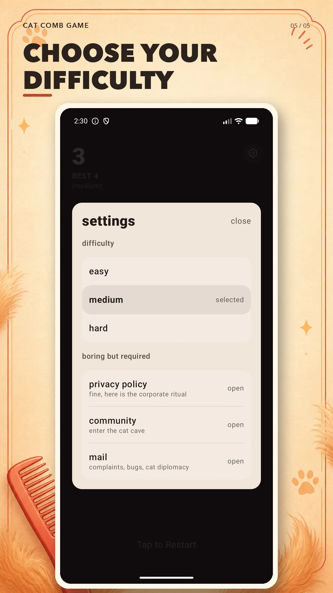 Cat Comb Game settings overlay