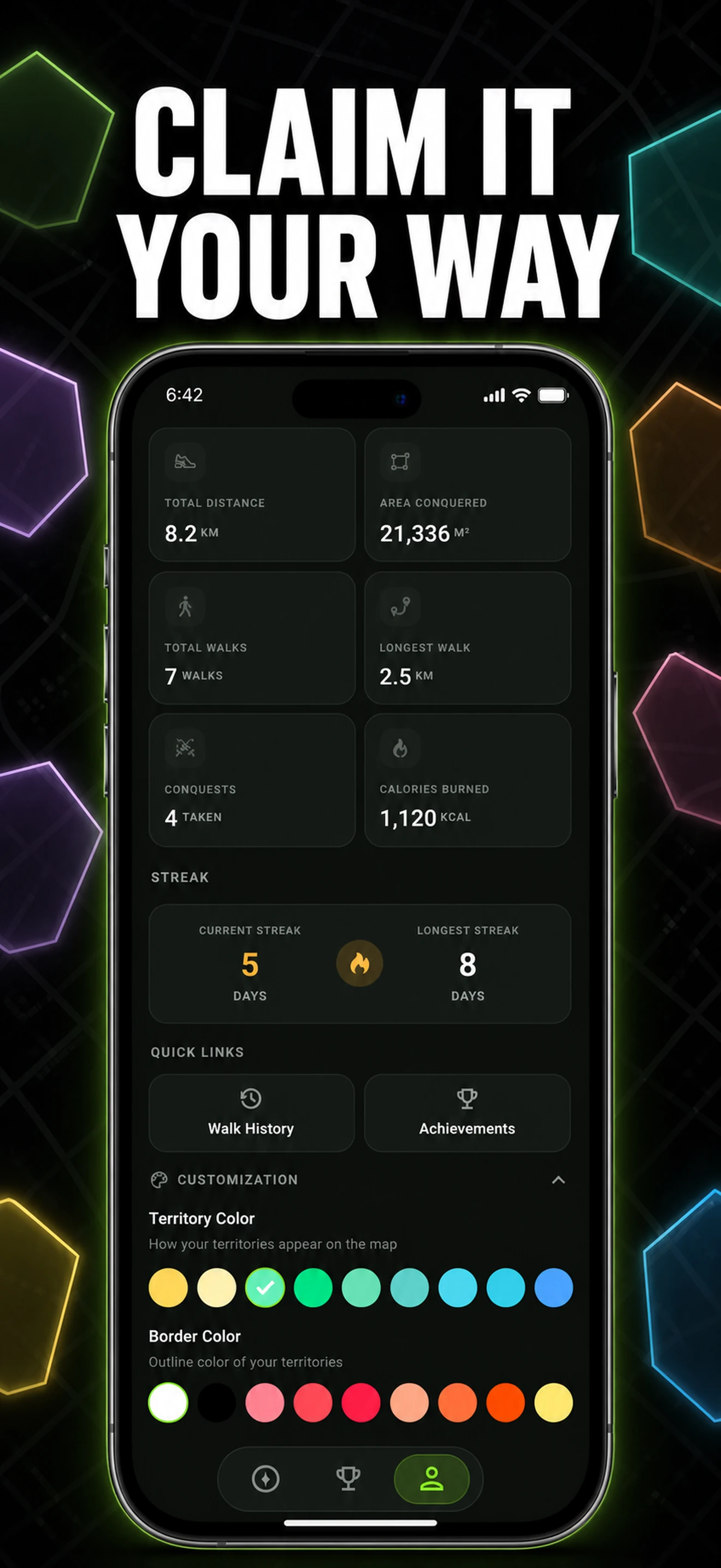 Walk and Conquer profile showing territory colors and customization