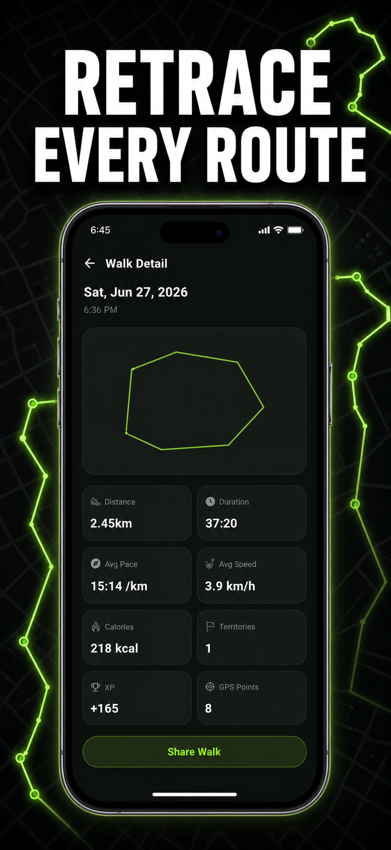 Walk and Conquer walk detail with a route and activity statistics